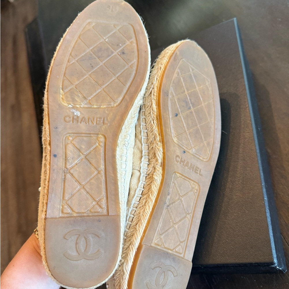 Chanel Beige and Black Espadrilles w/ Pearl Accents - Picture 6 of 9